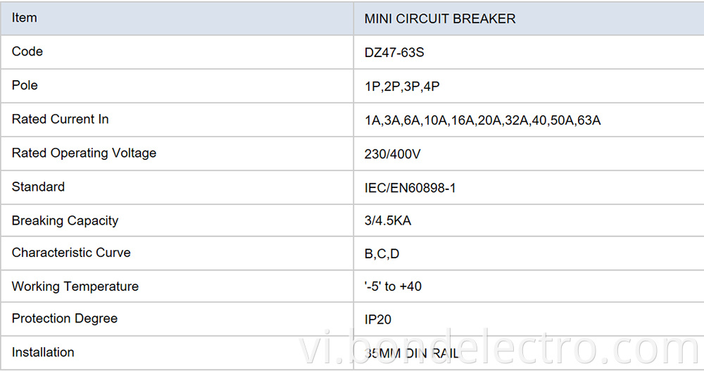 DZ47-63S Mini Circuit Breaker Parameter